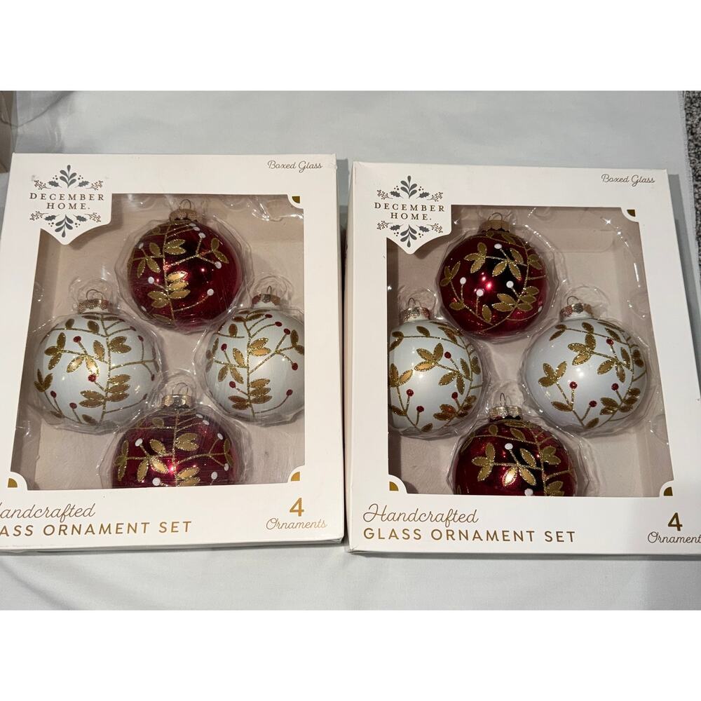 8pcs Christmas Tree Ornaments Handcrafted Glass Set, Glitter Red White Gold - Picture 6 of 6